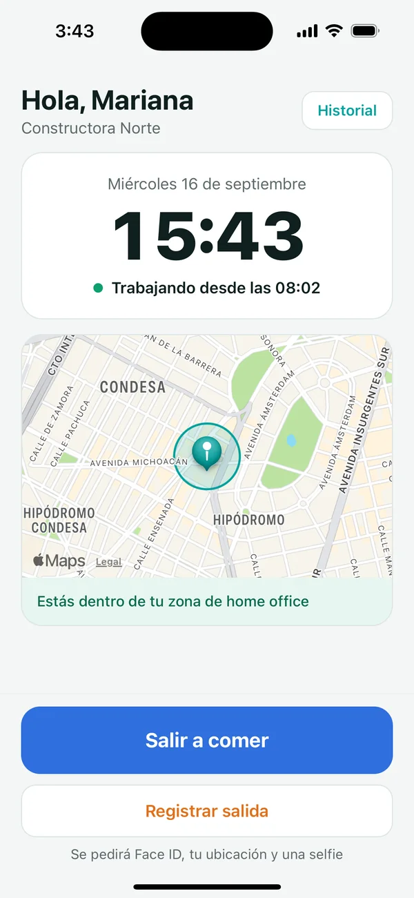 Pantalla de inicio de Idenua: empleada trabajando desde las 08:02, dentro de su zona de home office, con botones Salir a comer y Registrar salida