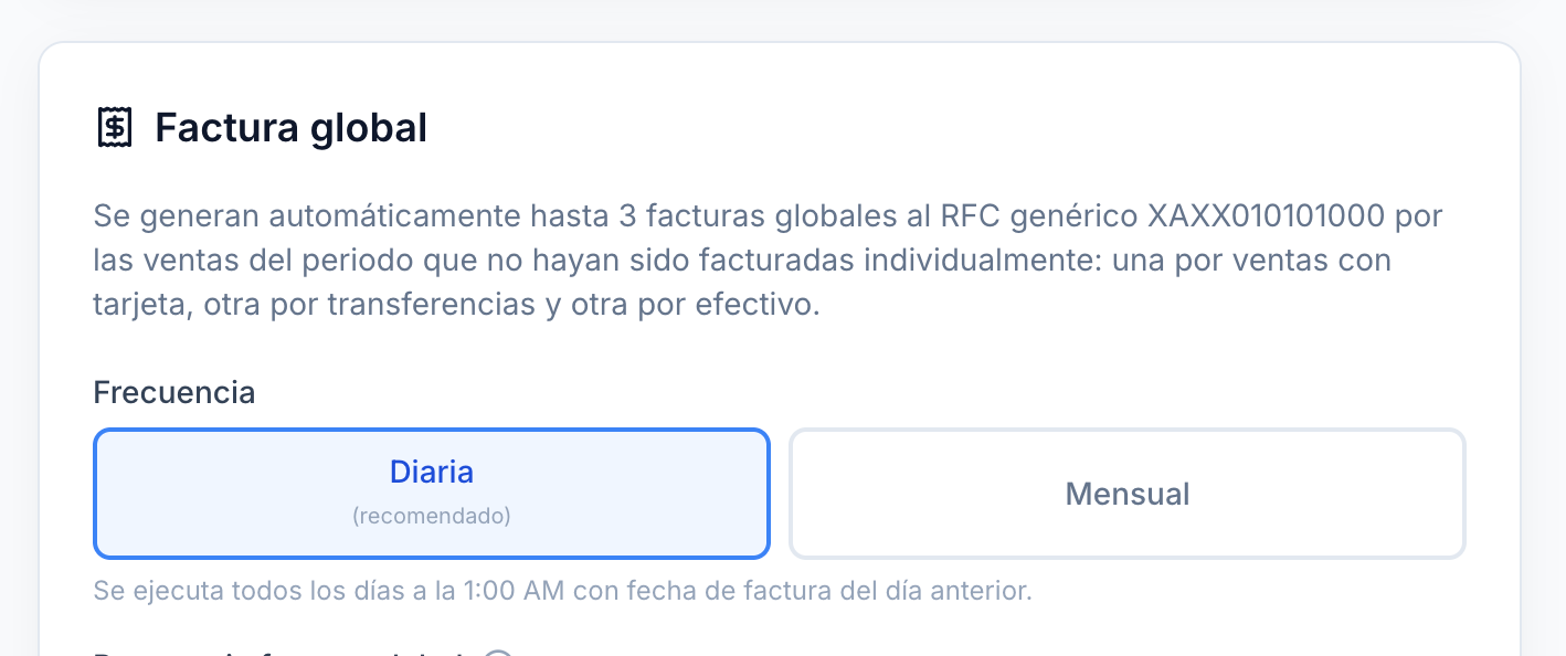 Configuración de factura global en Mr Wash con frecuencia diaria y mensual