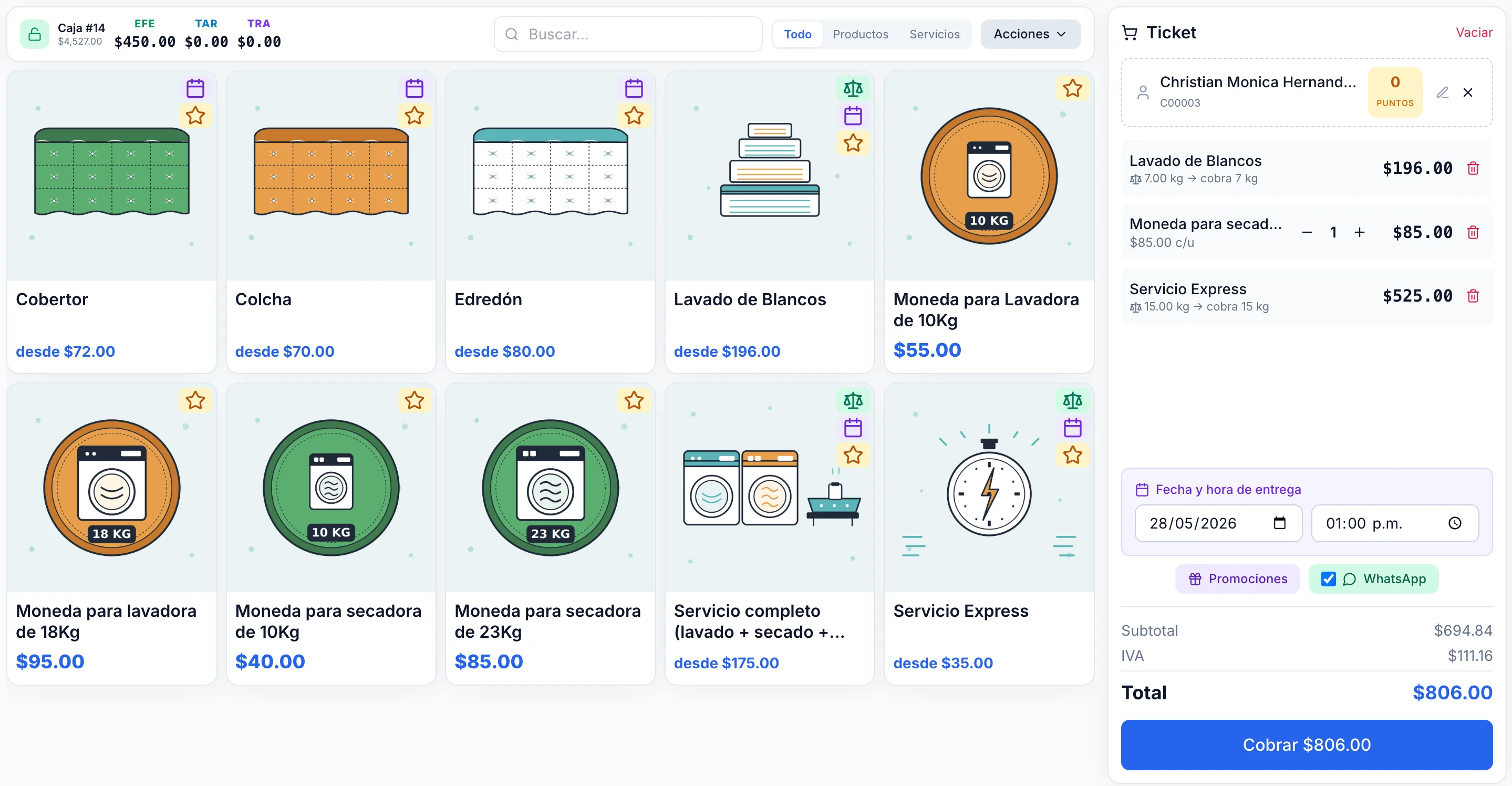Pantalla del punto de venta de Pulpo ERP con catálogo y ticket lateral